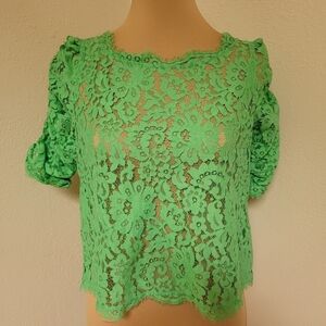 Joie Green Lace Blouse with Rushed Sleeves